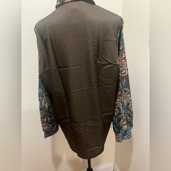 Peacock Feather Print Button Down Blouse Women’s Large Statement Top NWOT Large - Picture 4 of 11